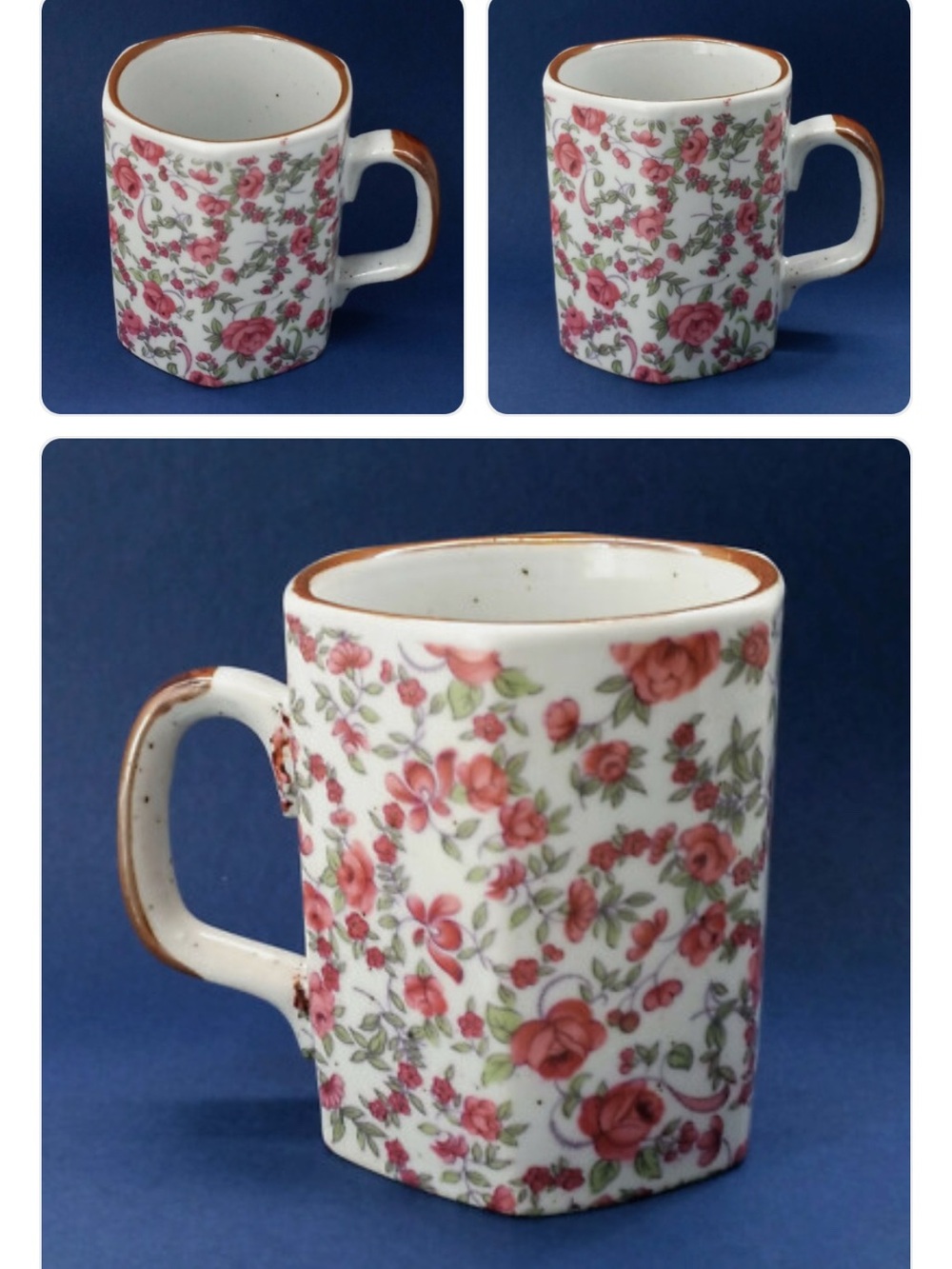 Vintage Speckled Stoneware Ceramic Coffee Mug Hexagon Pink Rose Floral Korea